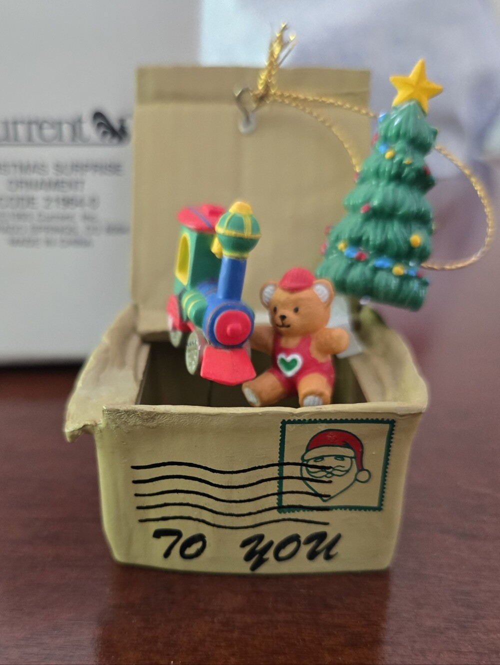 Source Unknown Red, Green, Gold Holiday Toy Box Ornament